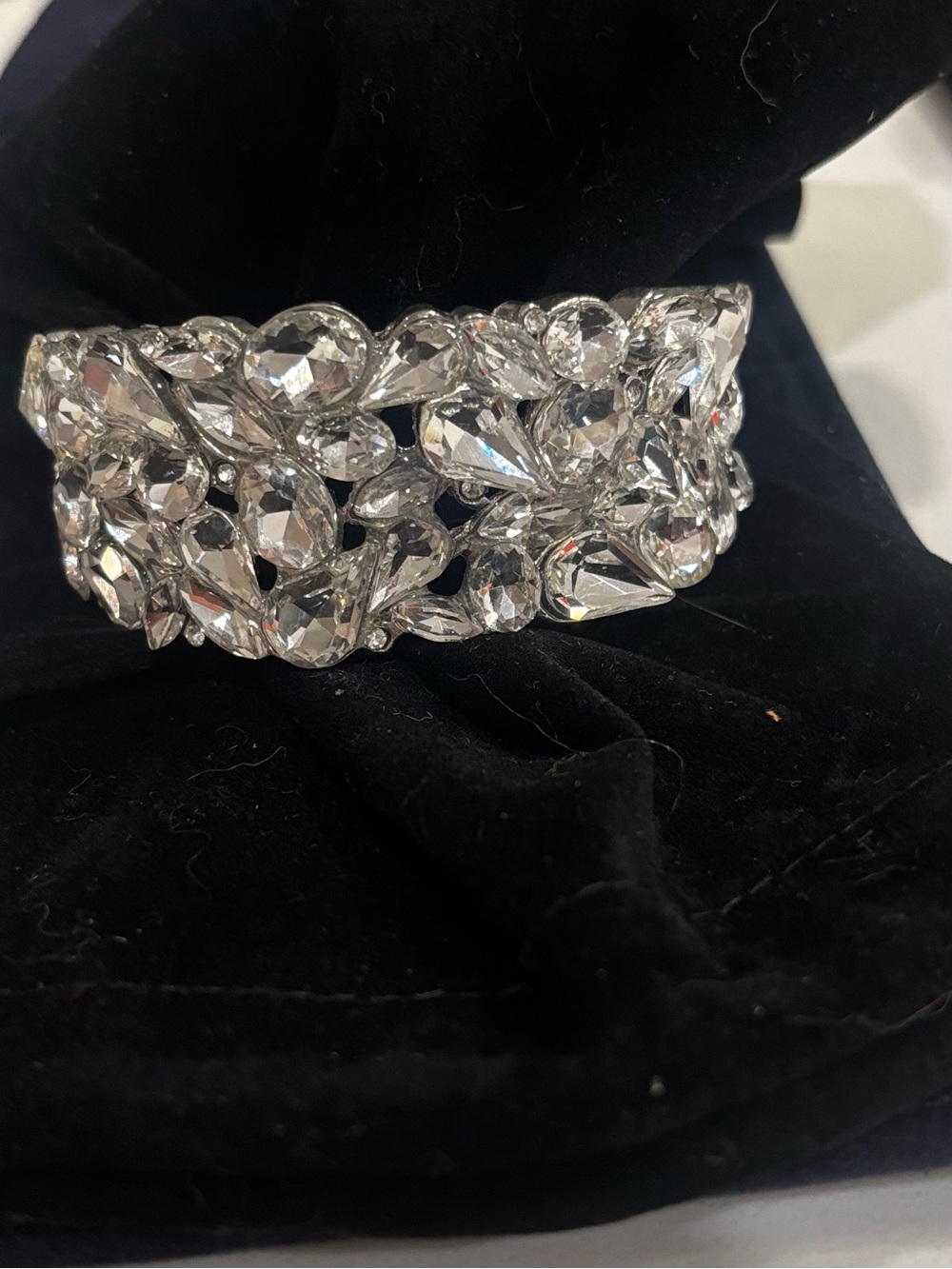 Clear Crystal Cluster Cuff Bracelet - Silver Tone